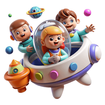 wonderful classic A group of children playing in a zero-gravity environment inside a spaceship, surrounded by floating toys. Bright, playful lighting, cartoon style original png