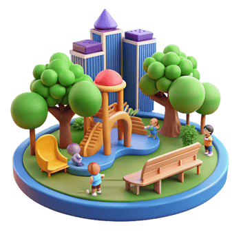 wonderful creative Urban park with children playing, bright sunny day, vibrant colors, playful atmosphere 4K png