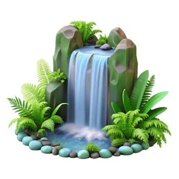 dramatic modern A cascading waterfall surrounded by lush green ferns, soft diffused lighting, photorealistic style genuine png