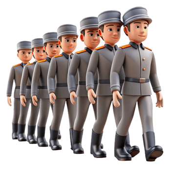 extraordinary contemporary A group of people wearing identical uniforms, marching in perfect synchronization, oppressive and dehumanizing, cold grey lighting original png