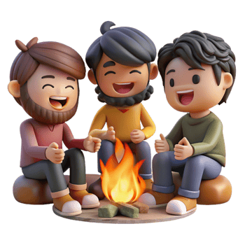 dramatic creative A group of friends, each with unique hairstyles and outfits, laugh together around a campfire. Warm, firelight lighting, slice-of-life anime style exclusive png