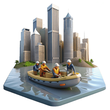 vibrant contemporary A group of survivors sailing on a makeshift raft down a flooded river, past submerged skyscrapers. Dreary, overcast lighting, survivalist theme detailed png