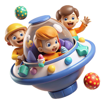 beautiful contemporary A group of children playing in a zero-gravity environment inside a spaceship, surrounded by floating toys. Bright, playful lighting, cartoon style genuine png