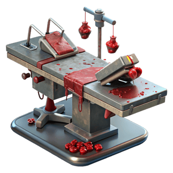extraordinary creative A blood-soaked operating table with rusty surgical instruments scattered around. Harsh fluorescent lighting. Medical horror, splatterpunk style professional png