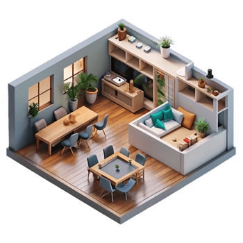 beautiful minimalist Co-living space, communal areas, open plan layout, modern and social style professional png