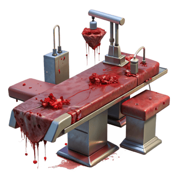 extraordinary minimalist A blood-soaked operating table with rusty surgical instruments scattered around. Harsh fluorescent lighting. Medical horror, splatterpunk style high resolution png