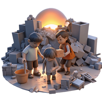 stunning modern A group of children scavenging for scraps in a bombed-out city, lit by the faint light of a dying sun, poignant and melancholic, high resolution png