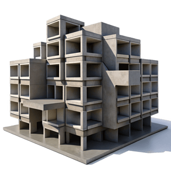 wonderful rustic Brutalist concrete apartment complex, repetitive geometric patterns, harsh shadows, urban photography style premium png