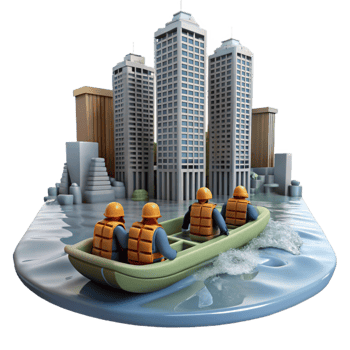 impressive modern A group of survivors sailing on a makeshift raft down a flooded river, past submerged skyscrapers. Dreary, overcast lighting, survivalist theme professional png