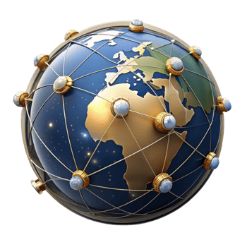 magnificent contemporary A network of satellites orbiting a stylized Earth, illuminated by the sun's rays and city lights, rendered in a realistic, space exploration style 4K png
