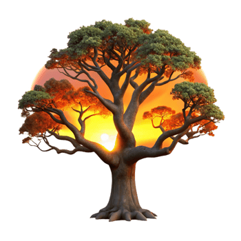 dramatic modern A gnarled, ancient oak tree silhouetted against a fiery sunset, its branches reaching towards the sky. Dramatic lighting, painterly style exclusive png
