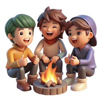 elegant creative A group of friends, each with unique hairstyles and outfits, laugh together around a campfire. Warm, firelight lighting, slice-of-life anime style detailed png