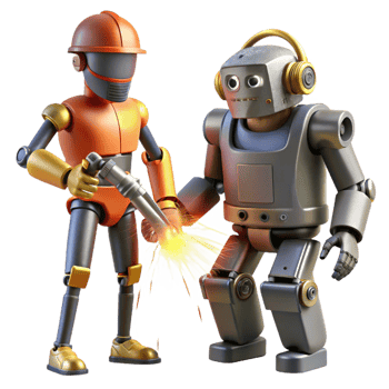 elegant vintage A robotic exoskeleton assisting a construction worker, illuminated by the sparks of welding torches. Industrial photography style exclusive png