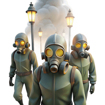 vibrant vintage A group of people wearing gas masks walking through a toxic fog, illuminated by streetlights casting an eerie glow, dystopian and unsettling, detailed png