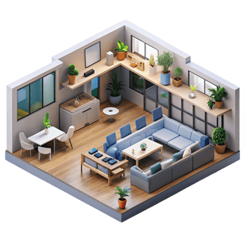 stunning abstract Co-living space, communal areas, open plan layout, modern and social style original png