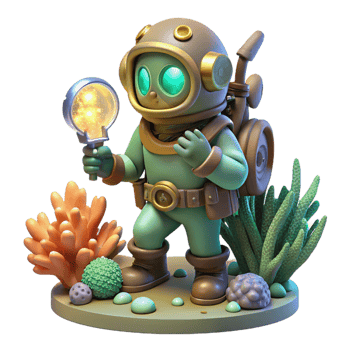 dramatic modern A steampunk diver exploring a coral reef, brass helmet illuminating bioluminescent flora and fauna, underwater lighting, fantasy art style genuine png