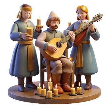 magnificent artistic A group of medieval musicians playing lutes, harps, and flutes in a royal court, illuminated by warm candlelight, in a Renaissance painting style authentic png