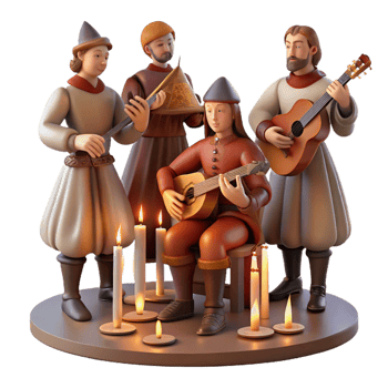wonderful artistic A group of medieval musicians playing lutes, harps, and flutes in a royal court, illuminated by warm candlelight, in a Renaissance painting style authentic png