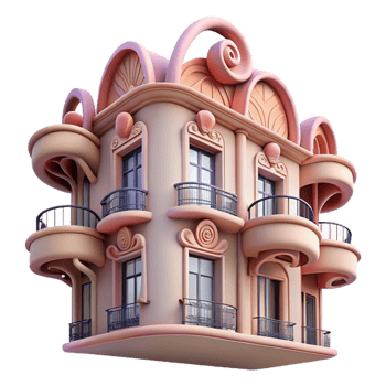 serene rustic Art Nouveau apartment building, swirling floral motifs, wrought iron balconies, pastel colors, vintage illustration style, premium png