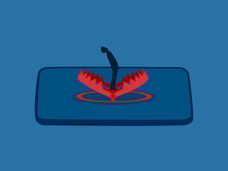 Trapped online, Businessman standing alone on smartphone trap vector