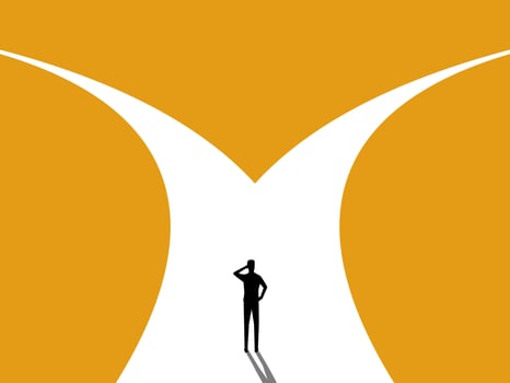 Confused, the decision maker is at a crossroads vector