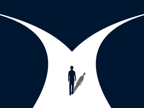 Choose a path, a businessman makes a decision at a fork in the road vector