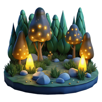 wonderful traditional A group of fireflies illuminating a dark forest at night. Magical realism style original png