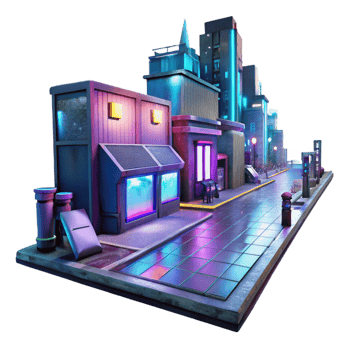 magnificent minimalist Cyberpunk street scene, neon lights, holographic advertisements, gritty urban setting, digital art 4K png
