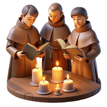 dramatic rustic A group of monks meticulously illuminating a manuscript in a dimly lit scriptorium, lit by the warm glow of oil lamps, in a medieval miniature style professional png