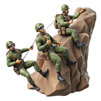 vibrant minimalist A group of soldiers rappels down a cliff face, preparing for a surprise attack. Dynamic composition, action-adventure style high resolution png