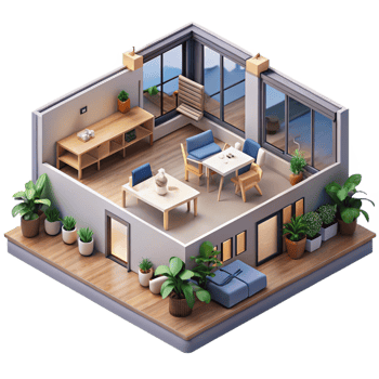 dramatic artistic Co-living space, communal areas, open plan layout, modern and social style premium png