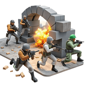 beautiful abstract A group of rebels fighting against heavily armed soldiers in a ruined marketplace, dynamic and action-packed, illuminated by explosions and muzzle flashes, high resolution png