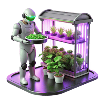 extraordinary vintage A robotic gardener tending to a futuristic vertical farm, bathed in the purple glow of grow lights. Sci-fi illustration style genuine png