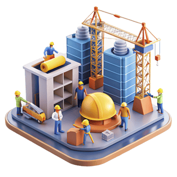 elegant modern Construction site with cranes and workers, dynamic composition, industrial style, bright daylight genuine png