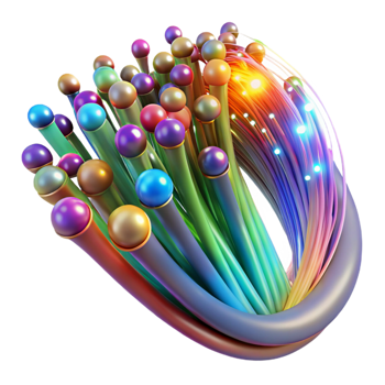 vibrant modern A complex network of fiber optic cables transmitting data, illuminated by vibrant streaks of multicolored light, in a futuristic, abstract style genuine png