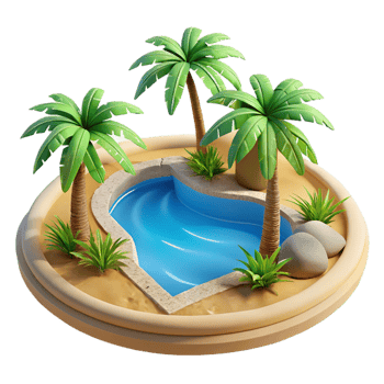 stunning modern A desert oasis with palm trees and a clear blue pool, vibrant and refreshing, photorealistic style genuine png