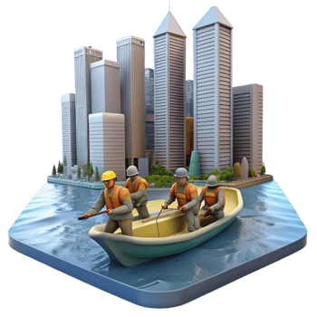elegant vintage A group of survivors sailing on a makeshift raft down a flooded river, past submerged skyscrapers. Dreary, overcast lighting, survivalist theme professional png