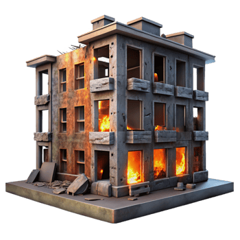 beautiful creative A dilapidated building with broken windows and graffiti-covered walls, illuminated by the orange glow of a burning fire in the distance. Dark, urban, and gritty style exclusive png
