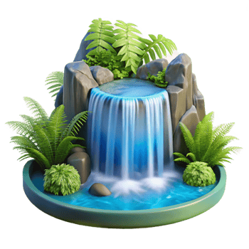 beautiful traditional A cascading waterfall plunging into a crystal-clear pool, surrounded by lush green ferns, illuminated by bright, diffused daylight. Photorealistic style genuine png