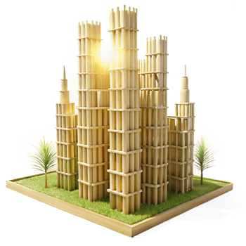 beautiful abstract A towering skyscraper made of bamboo, sustainable architecture style, sunlight high quality png