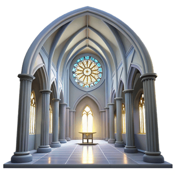 elegant abstract Gothic cathedral interior, stained glass rose window, shafts of light, ethereal atmosphere, hyperrealistic rendering, authentic png
