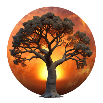 elegant contemporary A gnarled, ancient oak tree silhouetted against a fiery sunset, its branches reaching towards the sky. Dramatic lighting, painterly style genuine png