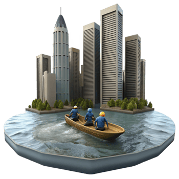 elegant traditional A group of survivors sailing on a makeshift raft down a flooded river, past submerged skyscrapers. Dreary, overcast lighting, survivalist theme exclusive png