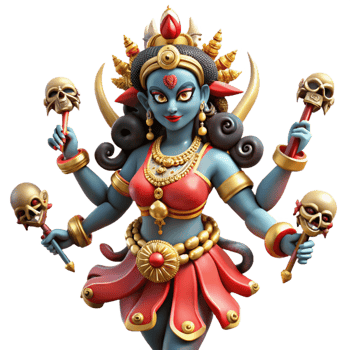 elegant classic A fierce Hindu goddess Kali, with multiple arms wielding weapons, adorned with skulls, dancing on a prostrate demon. Vibrant, intricate style exclusive png