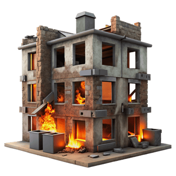 serene creative A dilapidated building with broken windows and graffiti-covered walls, illuminated by the orange glow of a burning fire in the distance. Dark, urban, and gritty style exclusive png