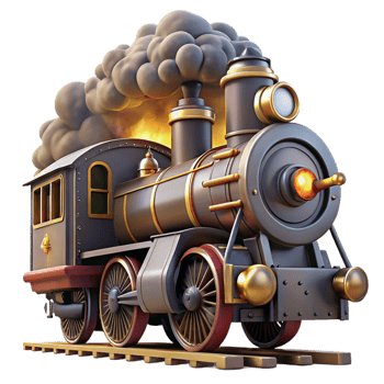 serene rustic A powerful steampunk locomotive with massive pistons and billowing steam, speeding through a dark tunnel, dynamic lighting, concept art style premium png