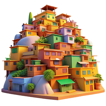 serene minimalist A vibrant, colorful favela built into a hillside, warm sunlight, vibrant style, painterly style genuine png