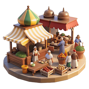 beautiful creative A bustling medieval marketplace filled with merchants, peasants, and livestock, under a bright, midday sun, in the style of a Flemish tapestry high quality png