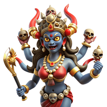 beautiful traditional A fierce Hindu goddess Kali, with multiple arms wielding weapons, adorned with skulls, dancing on a prostrate demon. Vibrant, intricate style genuine png