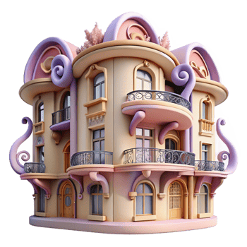 stunning minimalist Art Nouveau apartment building, swirling floral motifs, wrought iron balconies, pastel colors, vintage illustration style, detailed png